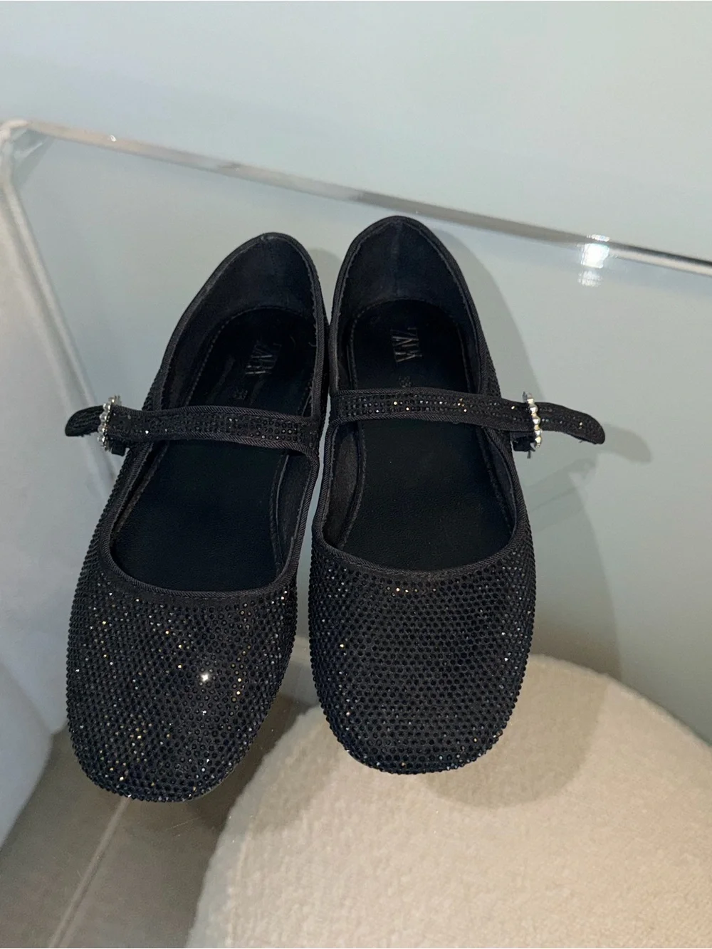 Zara Girls' Black Rhinestone Mary Jane Flats